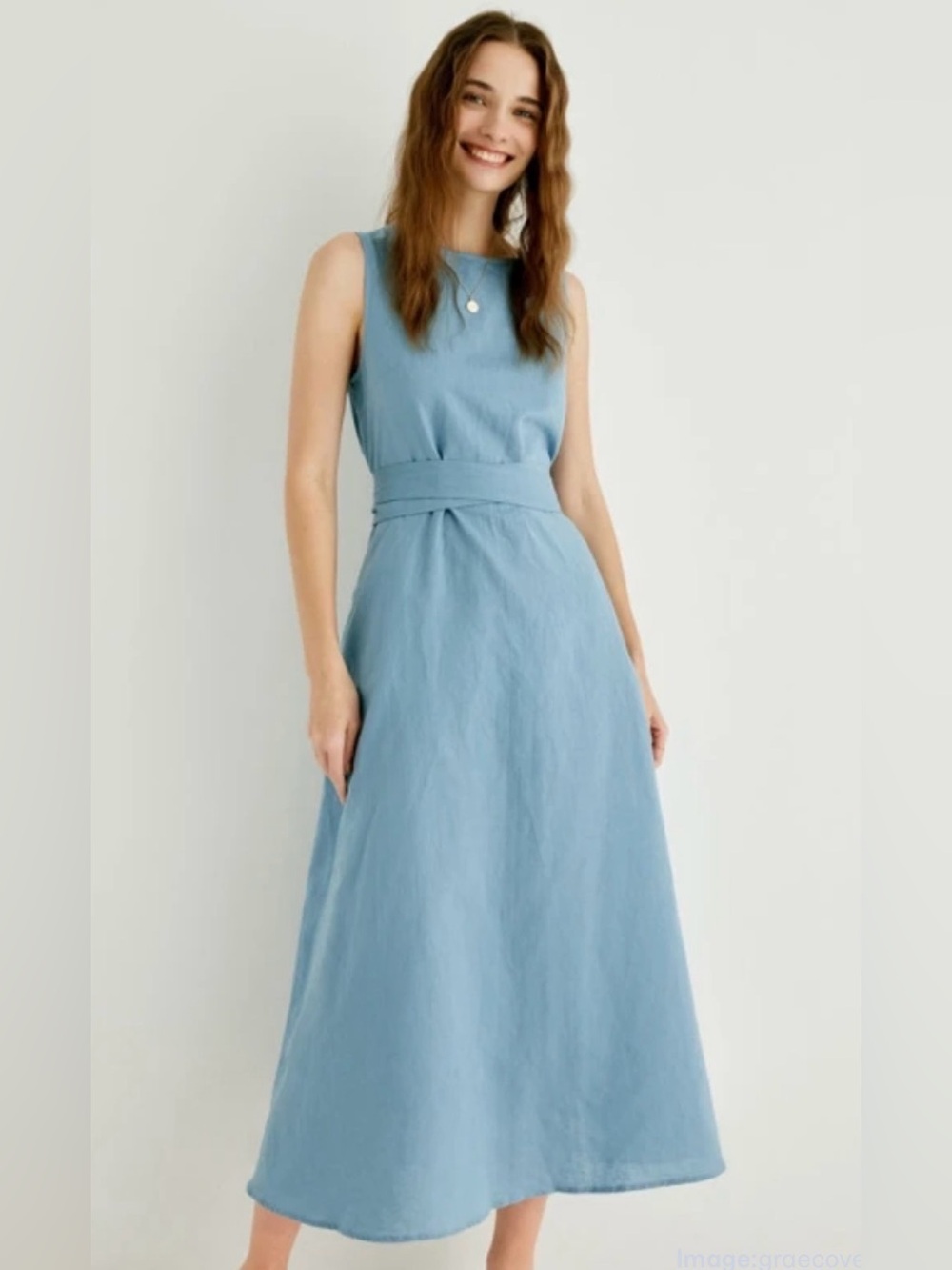 Grae Cove Cleo Linen Sleeveless Belted Swing midi Dress